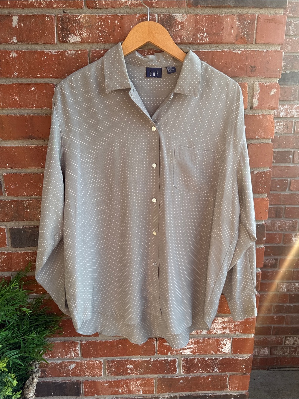 GAP Light Gray Shirt with White Microdots Polka Dots.